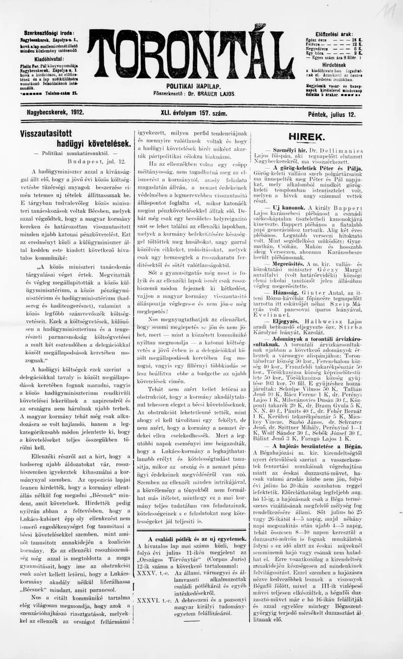 Torontál, 41. évf. 1912. július 12. 157. sz.