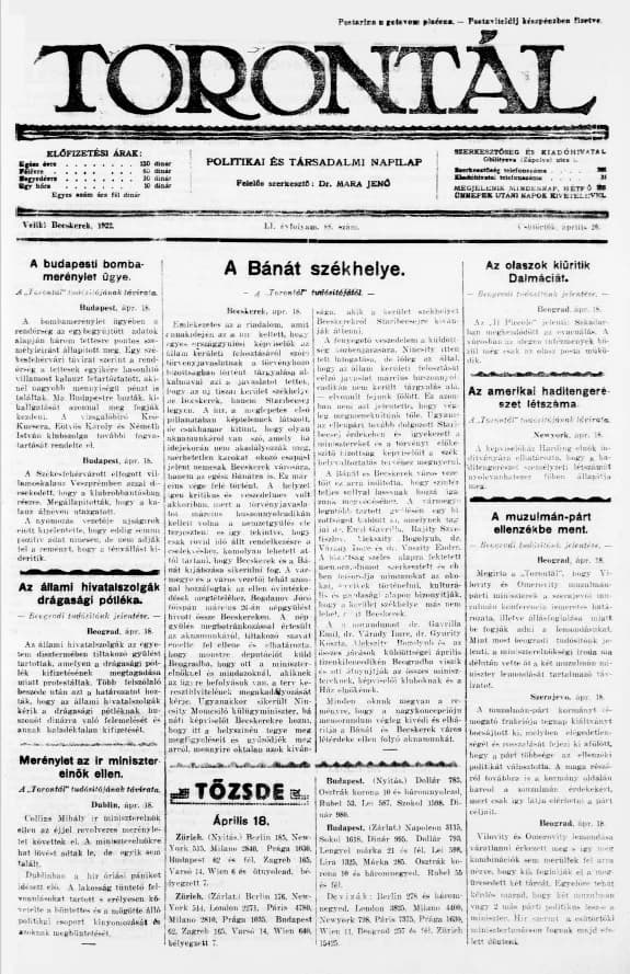 Torontál, 51. évf. 1922. április 20. 88. sz.