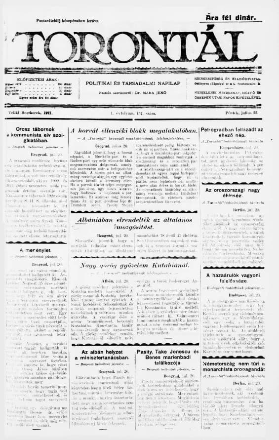Torontál, 50. évf. 1921. július 22. 157. sz.