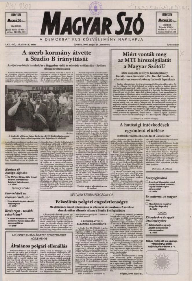Magyar Szó, 57. évf. 2000. május 18. 115. sz. 1–16. oldal