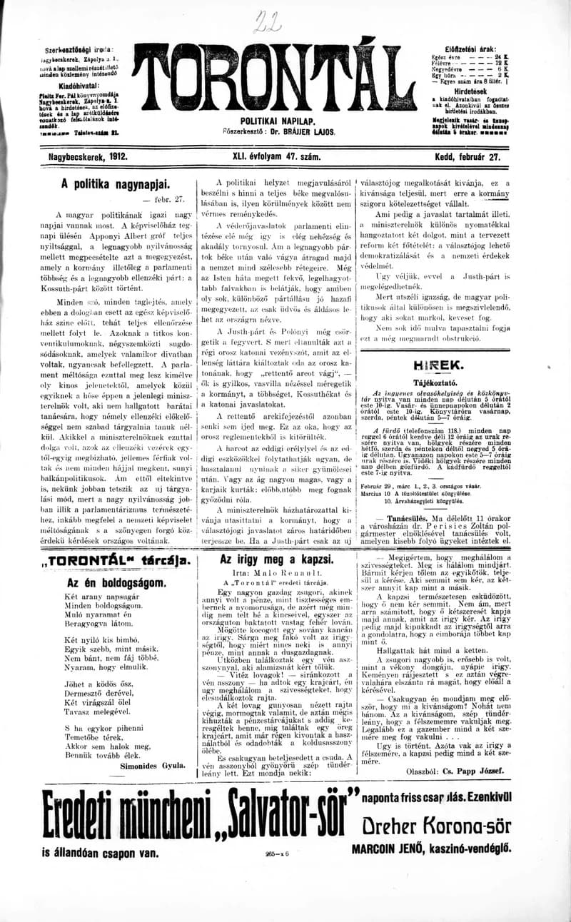 Torontál, 41. évf. 1912. február 27. 47. sz.