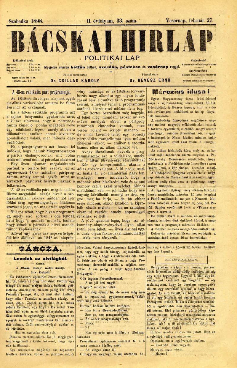 Bácskai Hirlap, 2. évf. 1898. február 27. 33. sz. 1–4. oldal