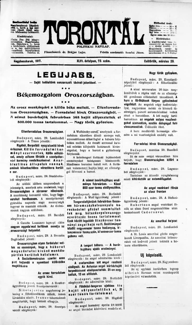 Torontál, 46. évf. 1917. március 29. 73. sz.