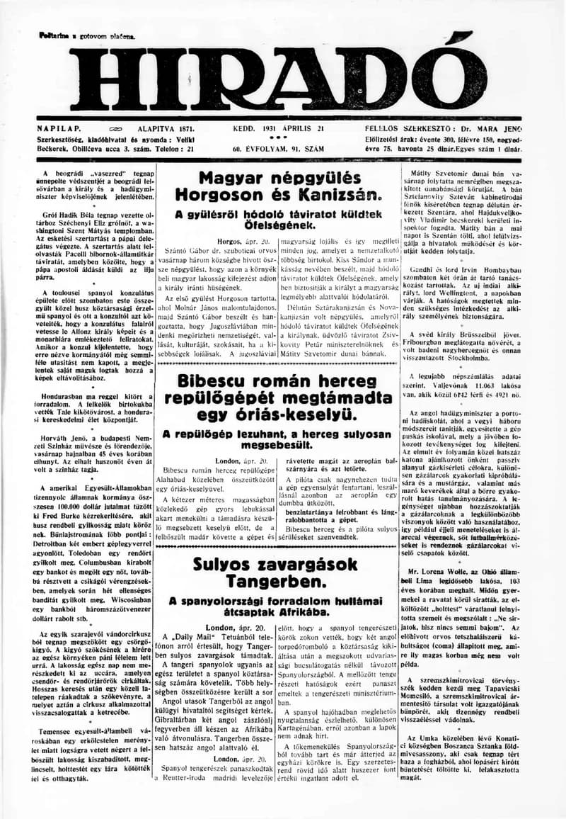 Híradó, 60. évf. 1931. április 21. 91. sz.