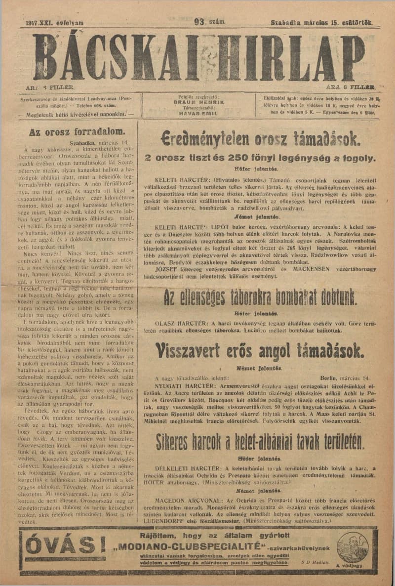 Bácskai Hirlap, 21. évf. 1917. március 15. 93. sz.