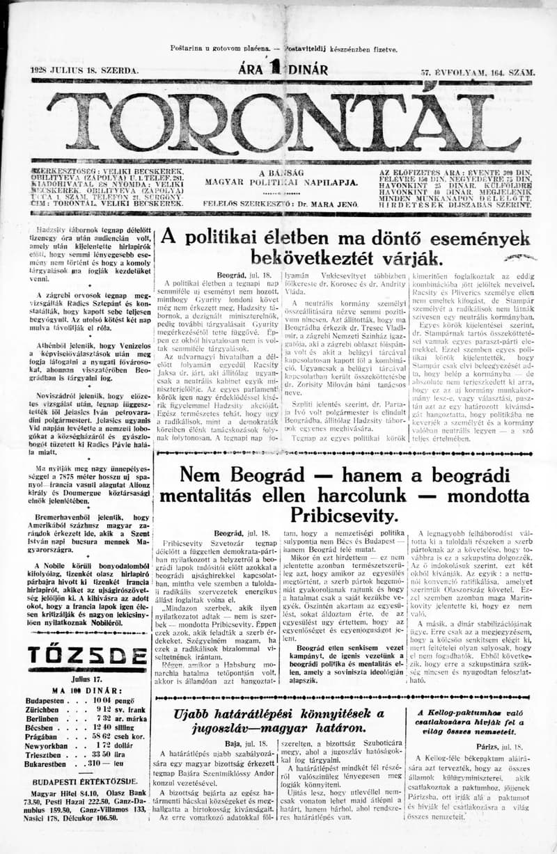 Torontál, 57. évf. 1928. július 18. 164. sz.