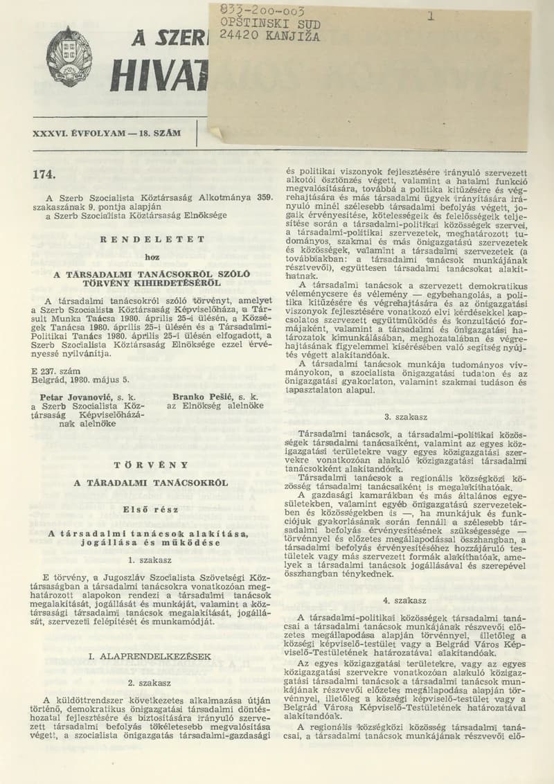 A Szerb Szocialista Köztársaság Hivatalos Közlönye, 36. évf. 1980. május 10. 18. sz. 1093–1100. oldal