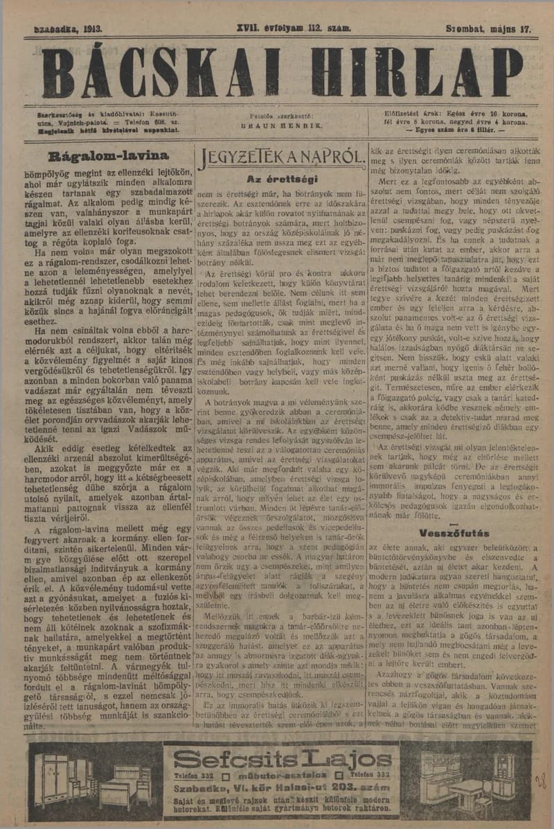 Bácskai Hirlap, 17. évf. 1913. május 17. 112. sz.