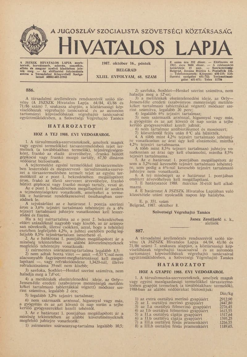 A Jugoszláv Szocialista Szövetségi Köztársaság Hivatalos Lapja, 43. évf. 1987. október 16. 68. sz. 1589–1620. oldal