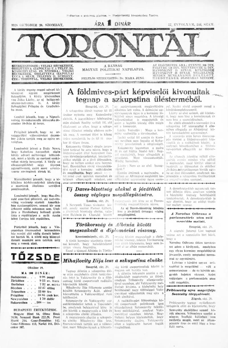 Torontál, 57. évf. 1928. október 20. 244. sz.