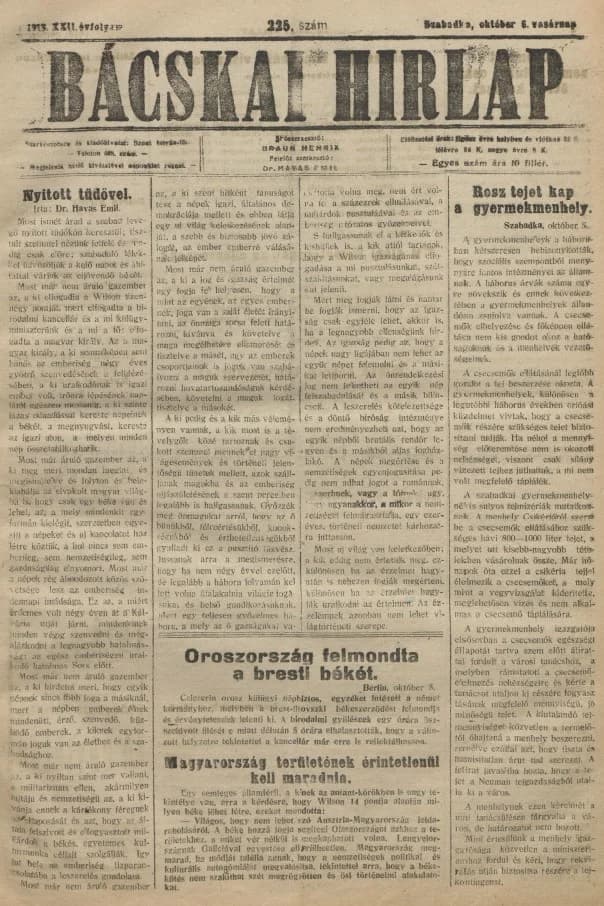 Bácskai Hirlap, 22. évf. 1918. október 6. 225. sz.