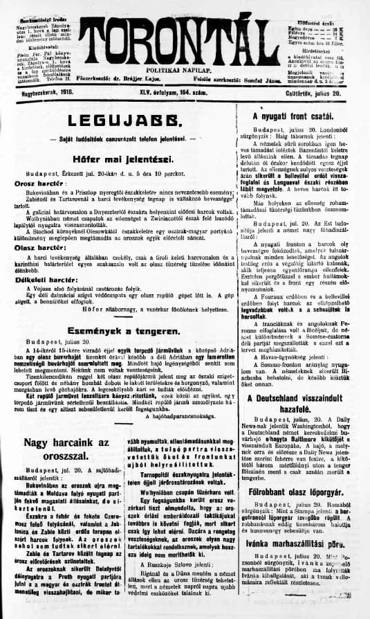 Torontál, 45. évf. 1916. július 20. 164. sz.