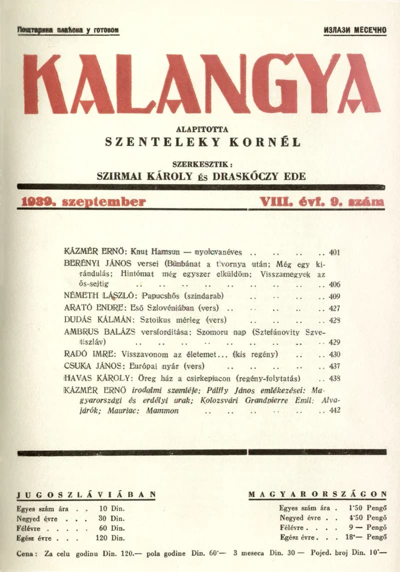 Kalangya, 8. évf. 1939. szeptember. 9. sz. 401–448. oldal