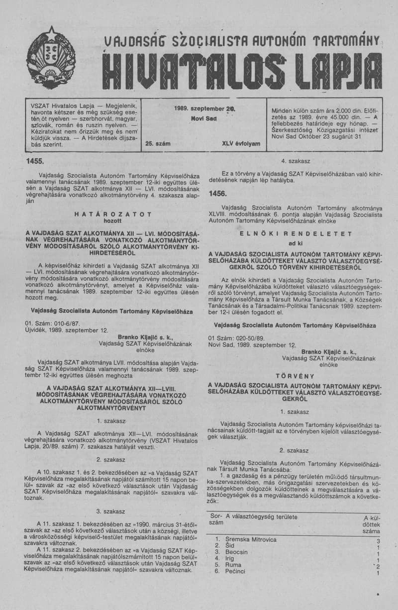 Vajdaság Szocialista Autonóm Tartomány Hivatalos Lapja, 45. évf. 1989. szeptember 20. 25. sz.