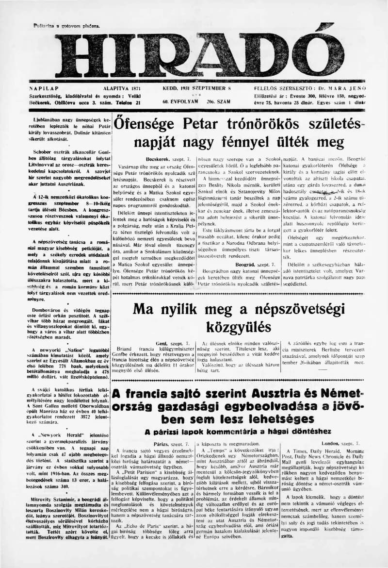 Híradó, 60. évf. 1931. szeptember 8. 206. sz.