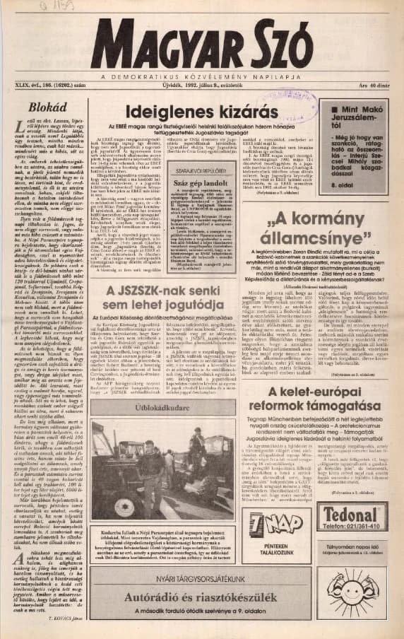 Magyar Szó, 49. évf. 1992. július 9. 186. sz. 1–16. oldal