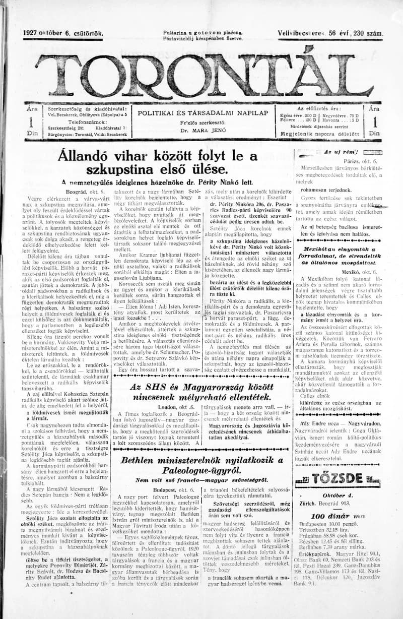 Torontál, 56. évf. 1927. október 6. 230. sz.