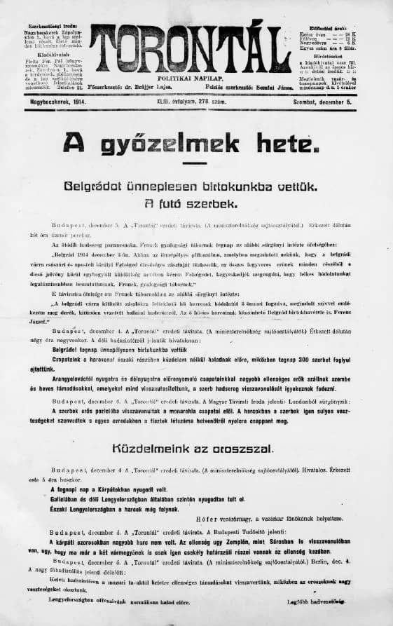 Torontál, 43. évf. 1914. december 5. 278. sz.