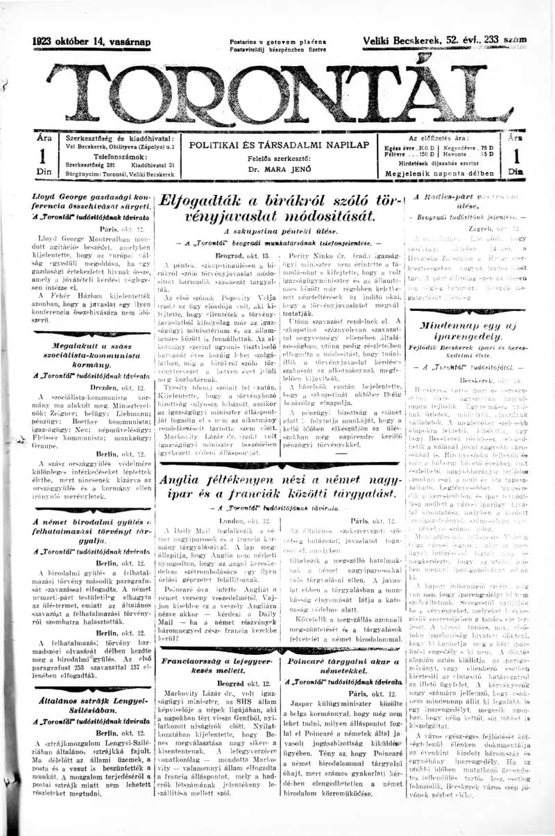 Torontál, 52. évf. 1923. október 14. 233. sz.