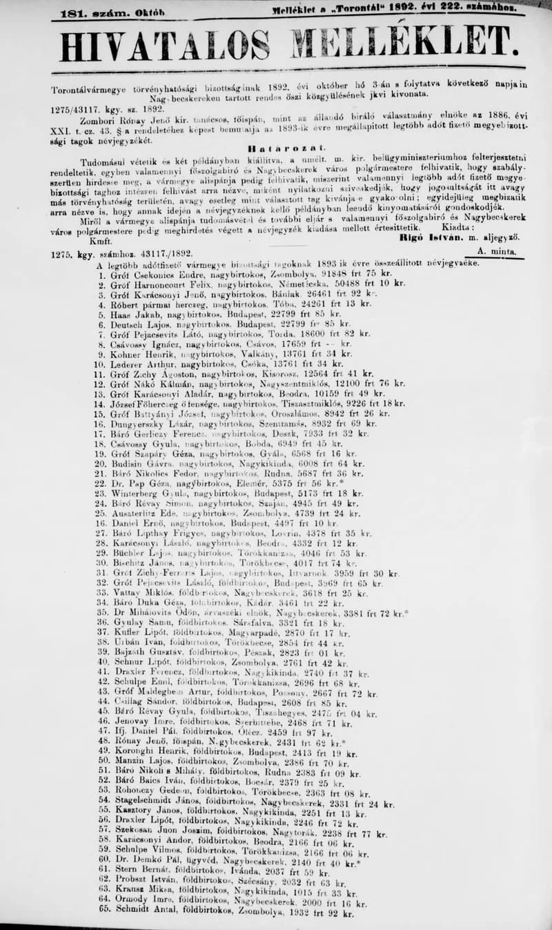 A Totontál  hivatalos melléklete, 5. évf. 1892. október 21. 181. sz.