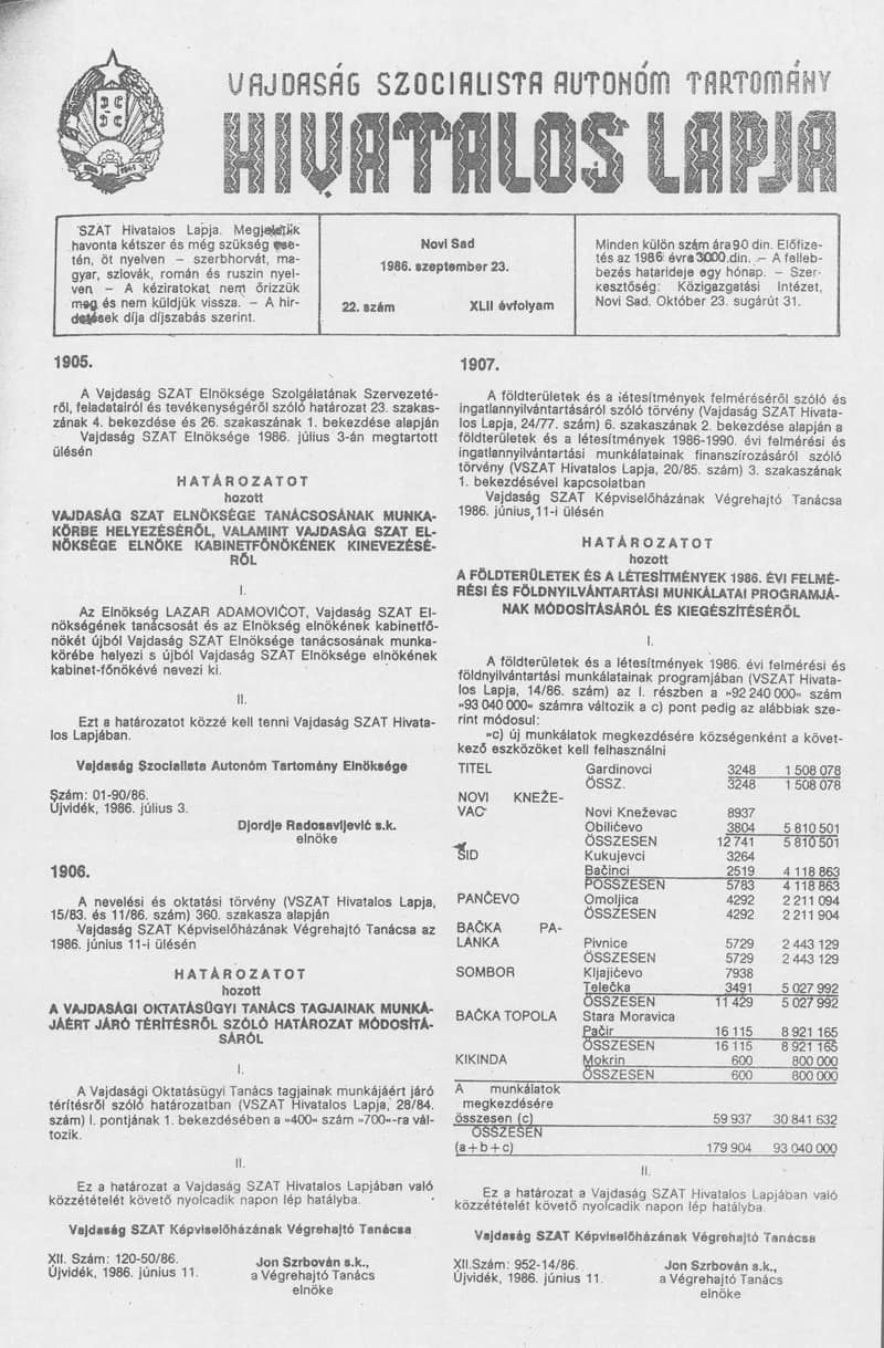 Vajdaság Szocialista Autonóm Tartomány Hivatalos Lapja, 42. évf. 1986. szeptember 23. 22. sz.