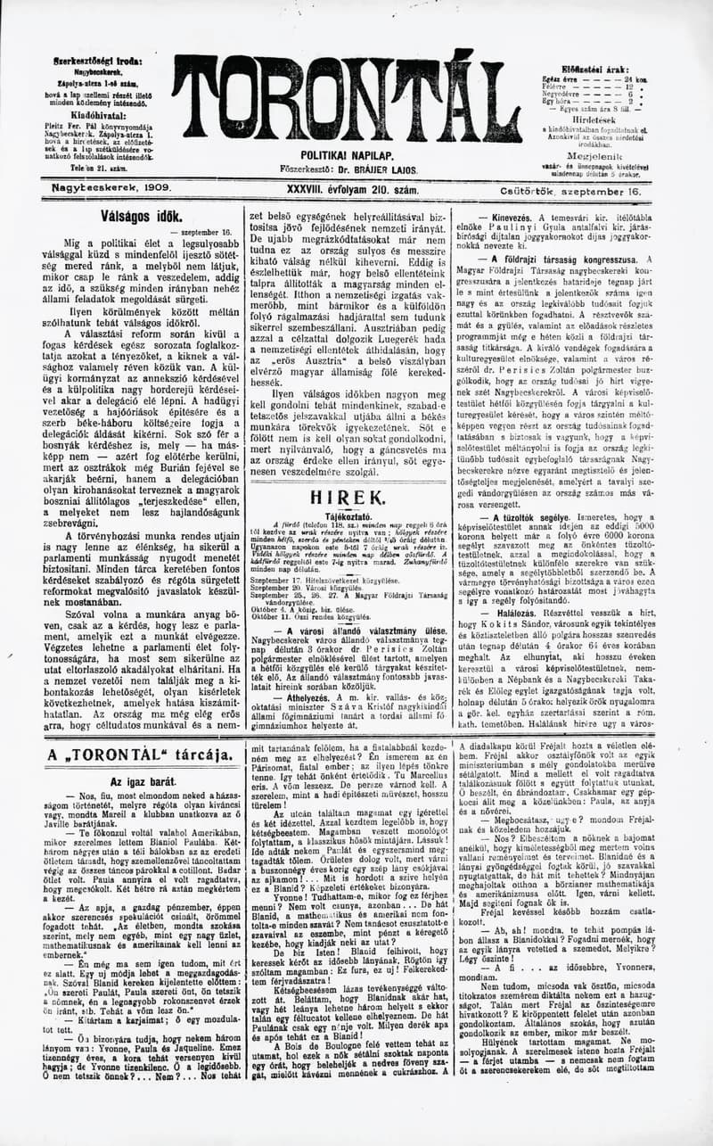 Torontál, 38. évf. 1909. szeptember 16. 210. sz.