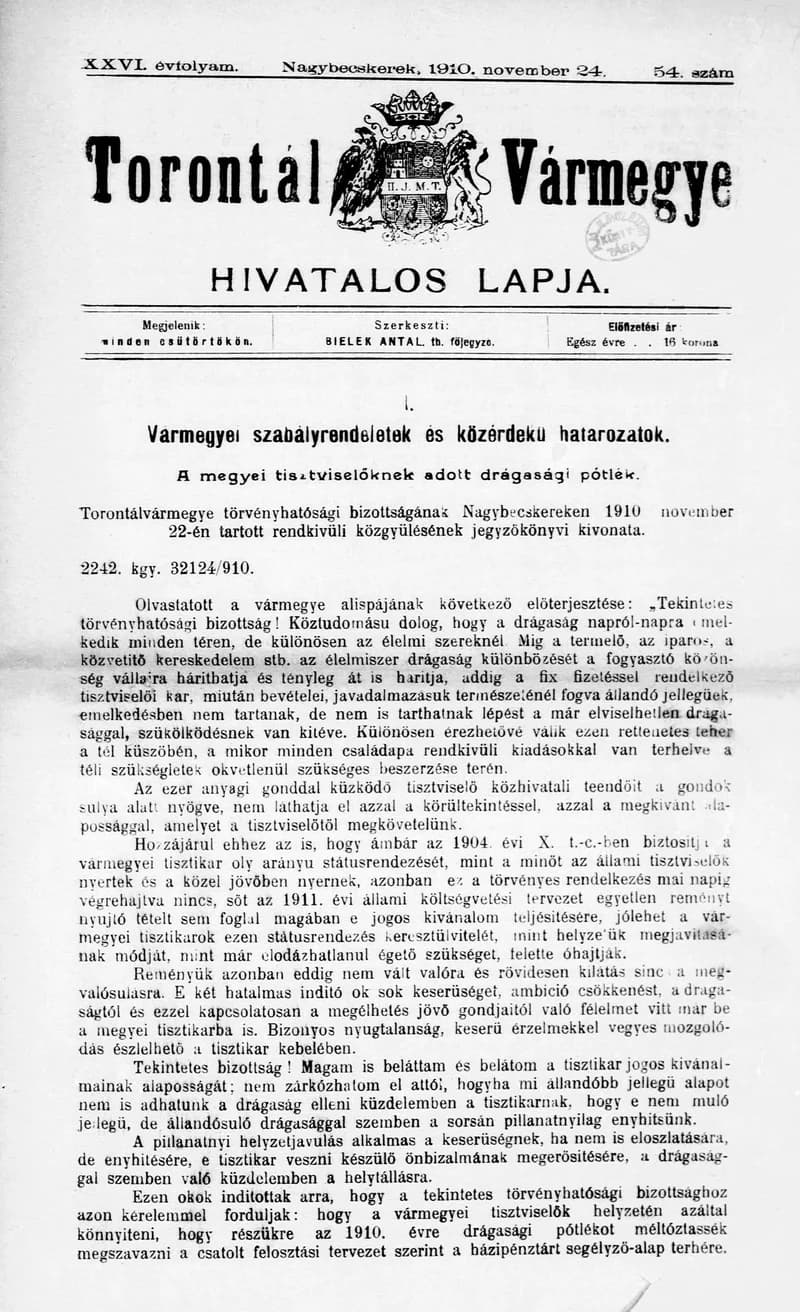 Torontál Vármegye Hivatalos Lapja, 26. évf. 1910. november 24. 54. sz.