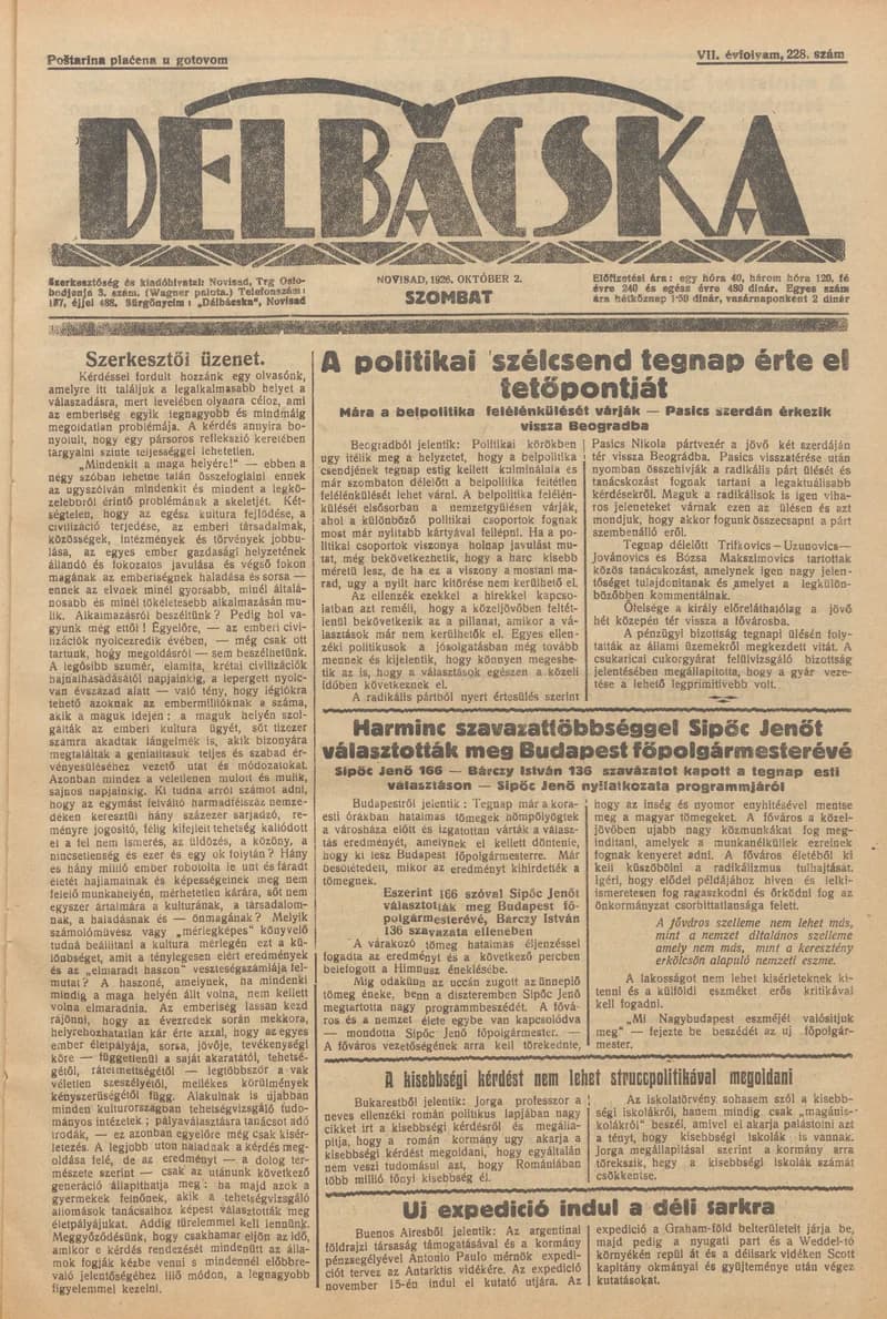 Délbácska, 7. évf. 1926. október 2. 228. sz.