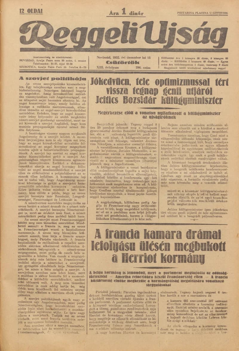 Reggeli Újság, 13. évf. 1932. december 15. 296. sz.