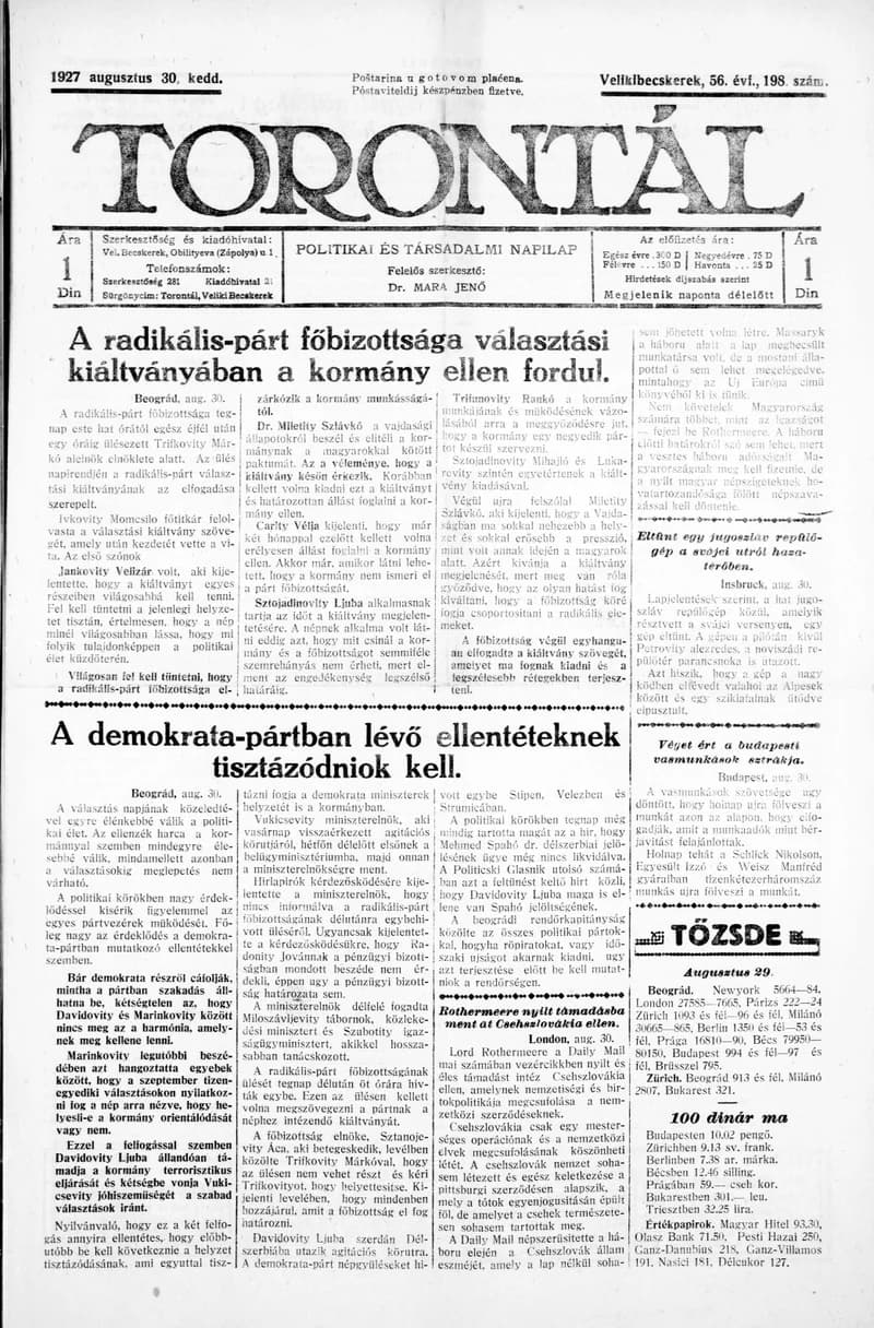 Torontál, 56. évf. 1927. augusztus 30. 198. sz.