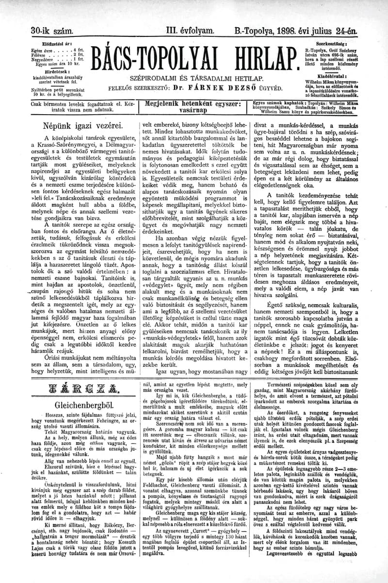 Bács-Topolyai Hirlap, 3. évf. 1898. július 24. 30. sz.