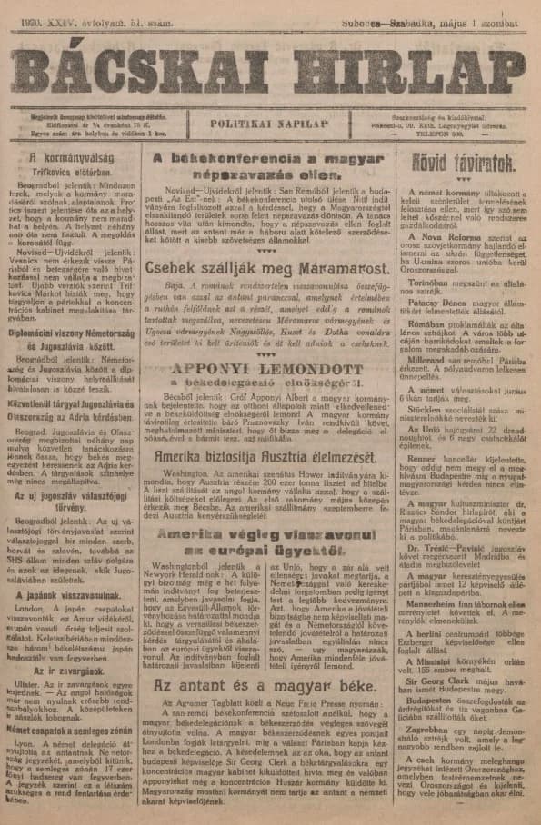 Bácskai Hirlap, 24. évf. 1920. május 1. 51. sz.
