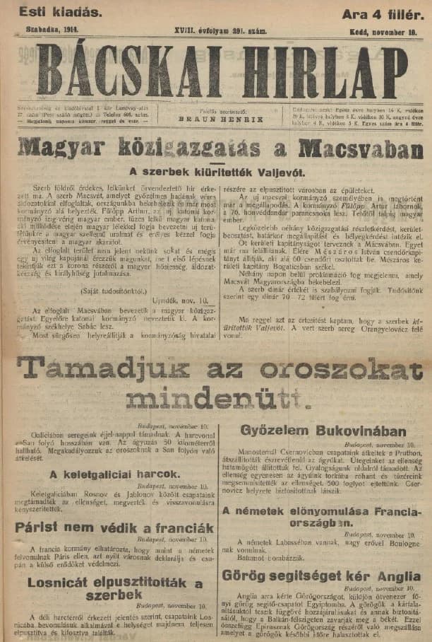 Bácskai Hirlap, 18. évf. 1914. november 10. 291. sz.