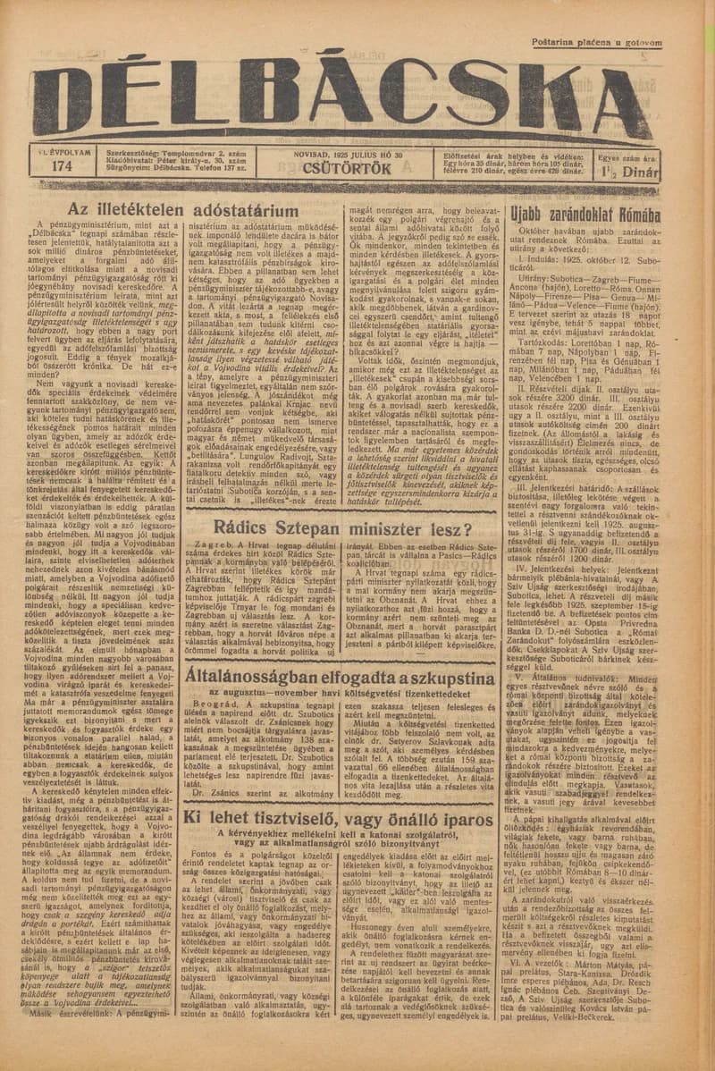 Délbácska, 6. évf. 1925. július 30. 174. sz.