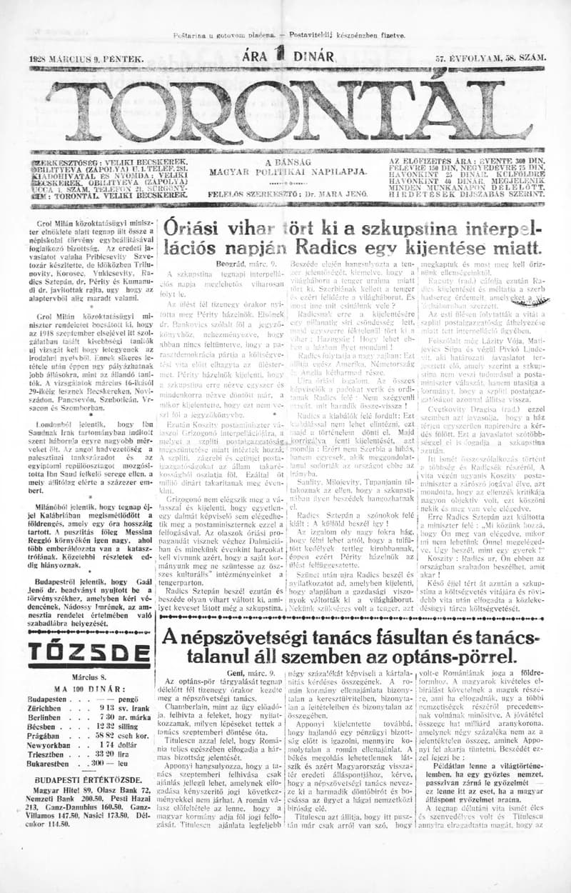 Torontál, 57. évf. 1928. március 9. 58. sz.