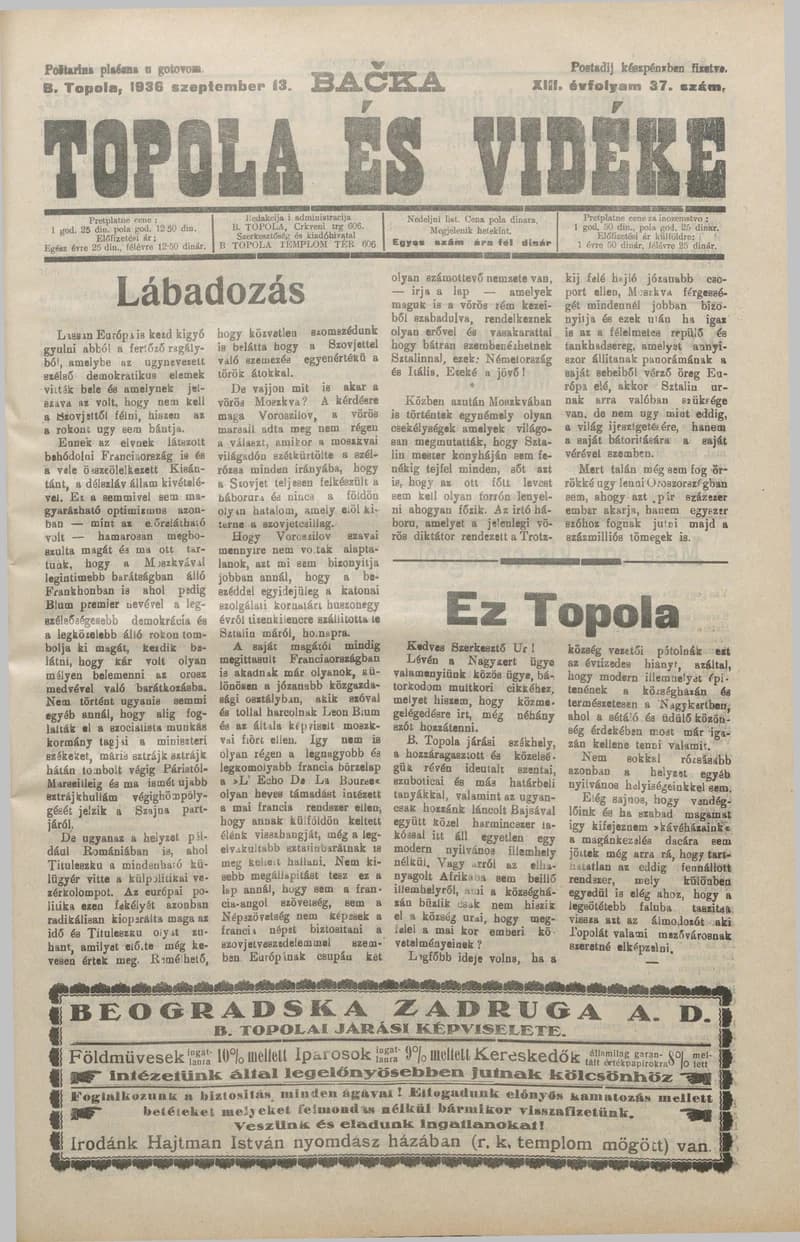 Bačka Topola és Vidéke, 13. évf. 1936. szeptember 13. 37. sz.