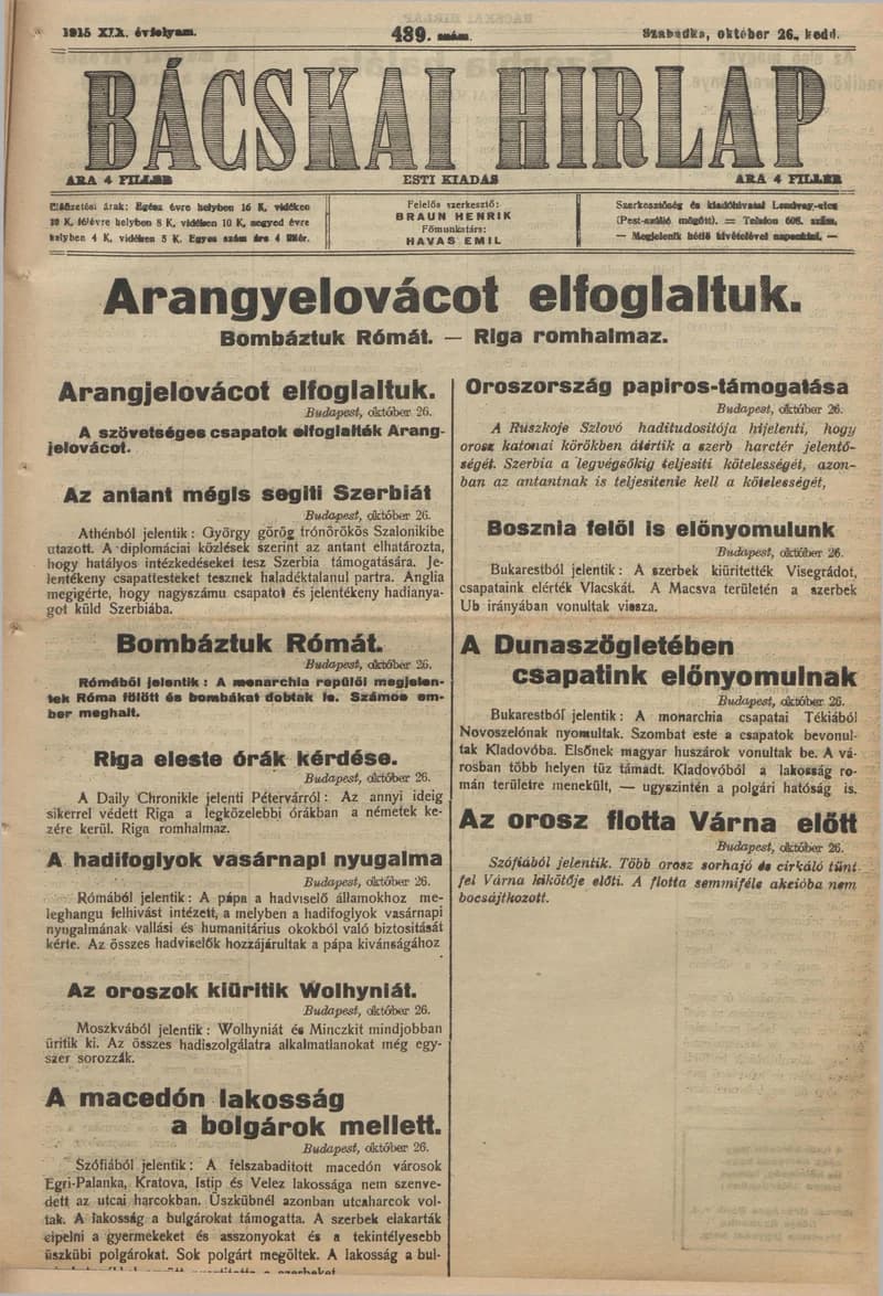Bácskai Hirlap, 19. évf. 1915. október 26. 489. sz.