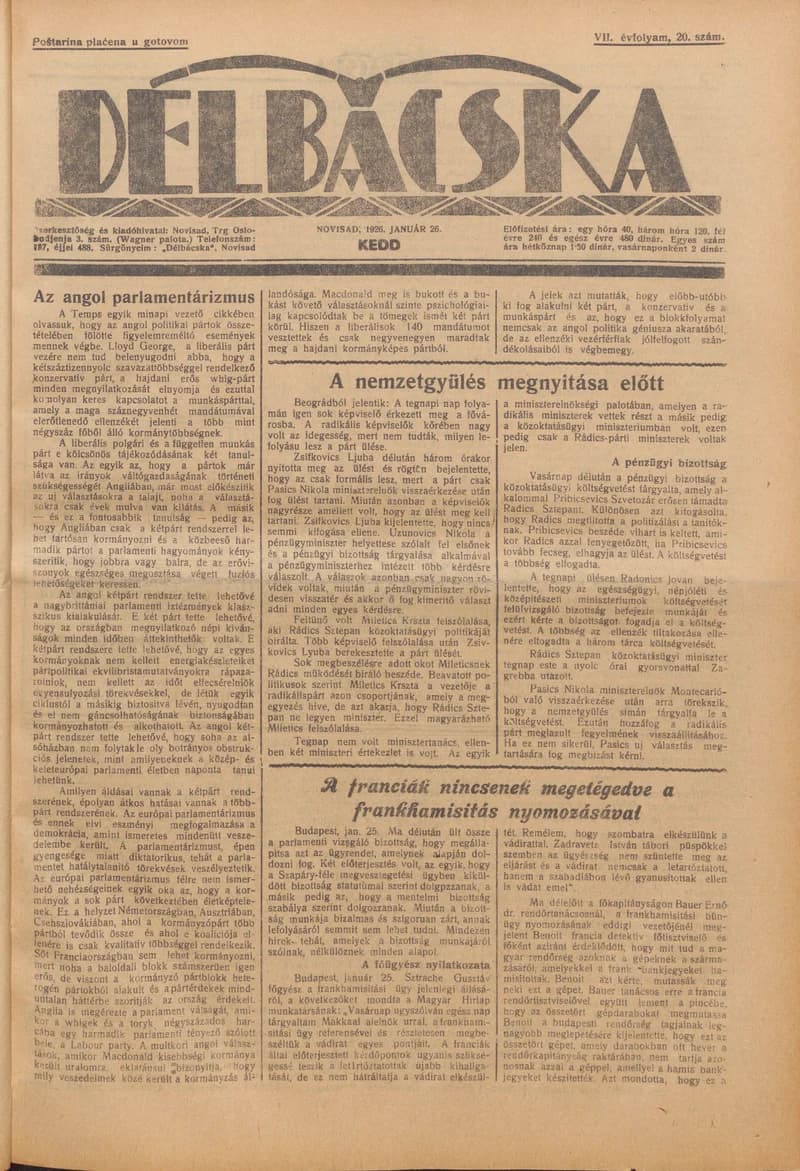 Délbácska, 7. évf. 1926. január 26. 20. sz.