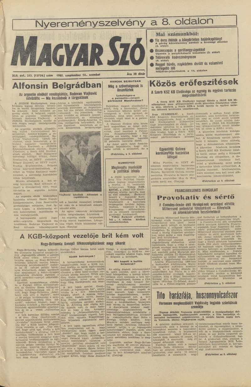 Magyar Szó, 42. évf. 1985. szeptember 14. 253. sz. 1–28. oldal