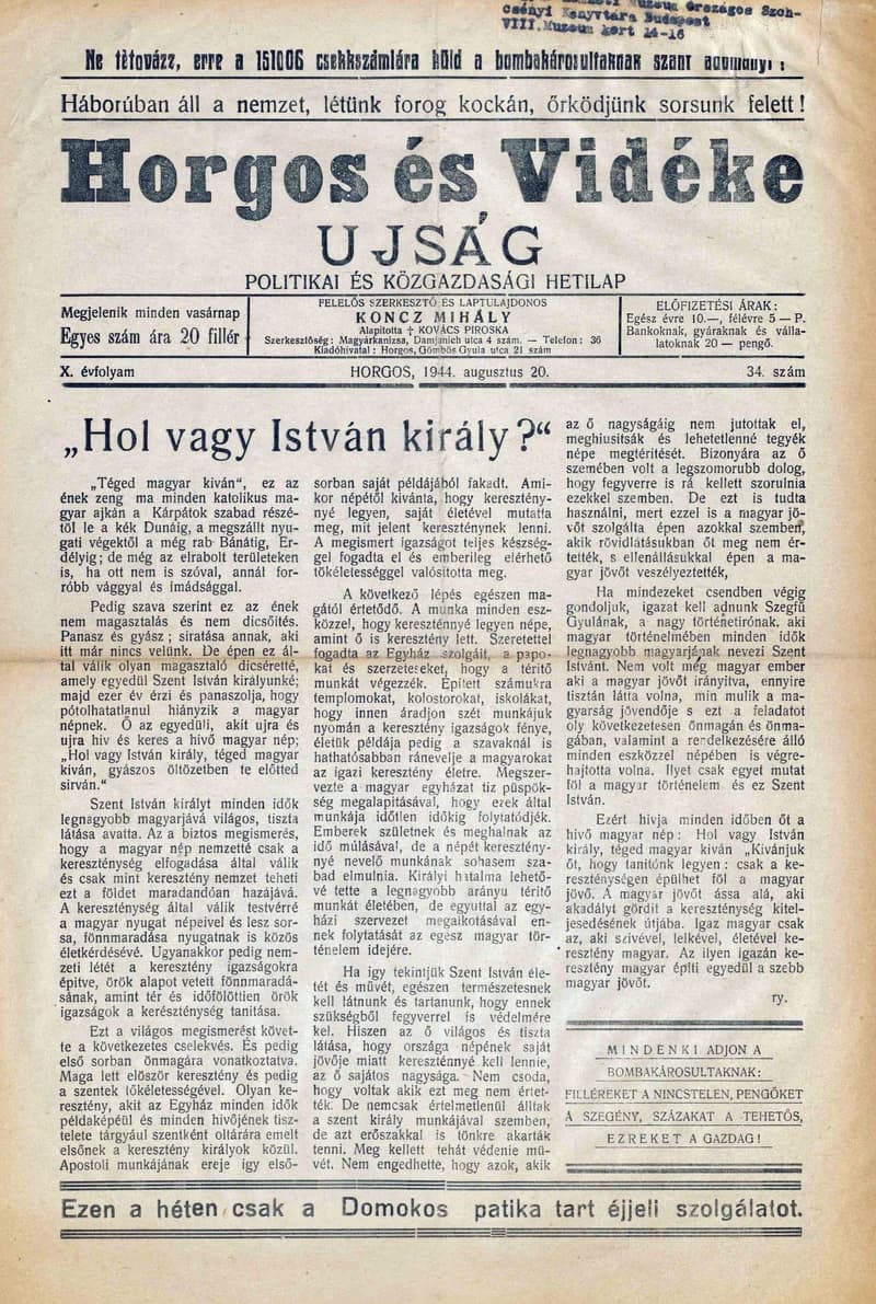 Horgos és vidéke, 9. évf. 1944. augusztus 20. 34. sz.