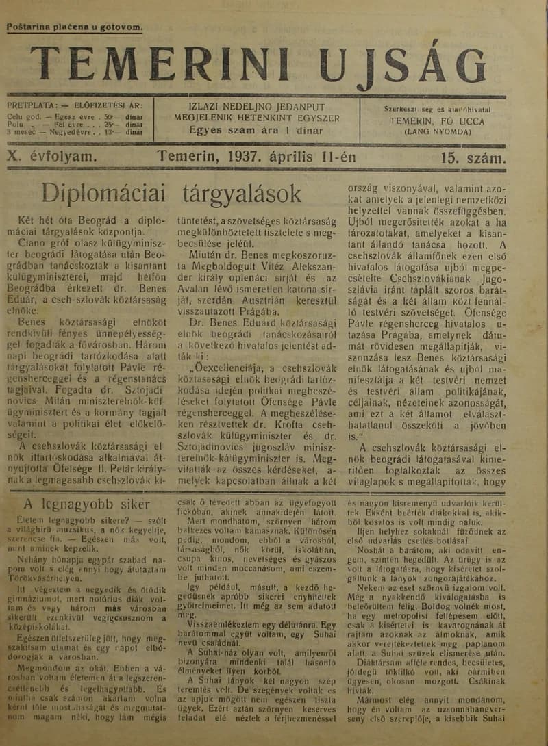 Temerini Újság 1928-1944, 10. évf. 1937. április 11. 15. sz.