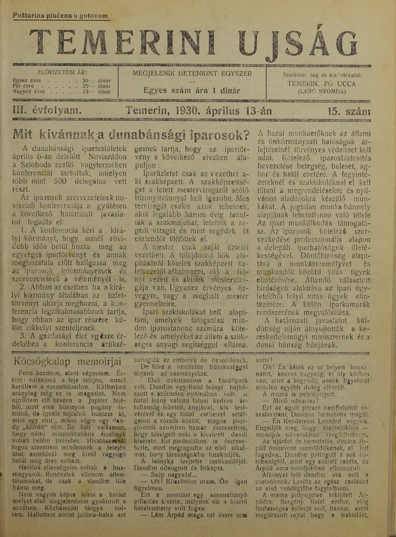 Temerini Újság 1928-1944, 3. évf. 1930. április 13. 15. sz.