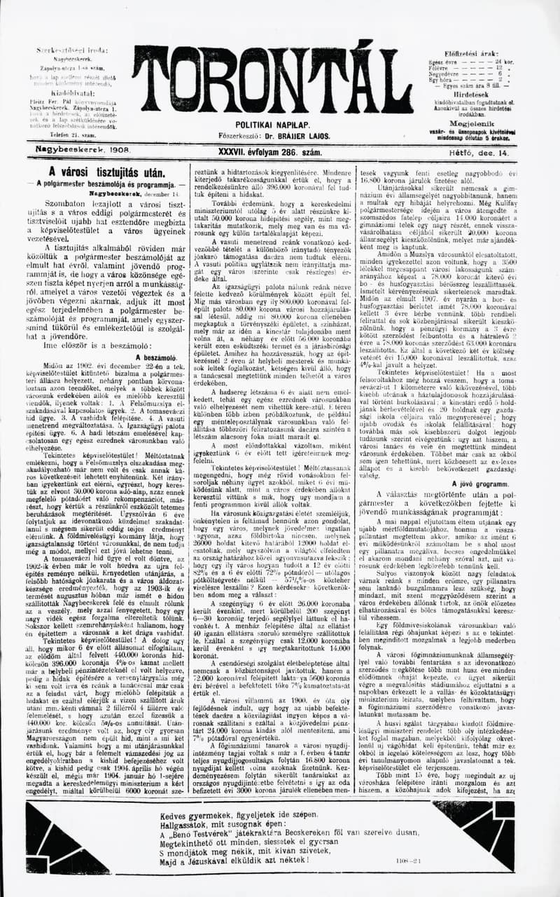 Torontál, 37. évf. 1908. december 14. 286. sz.