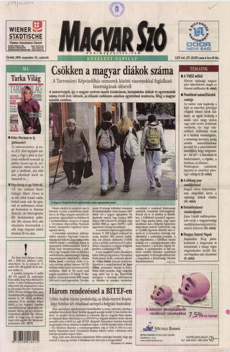 Magyar Szó, 65. évf. 2008. szeptember 18. 217. sz. 1–20. oldal