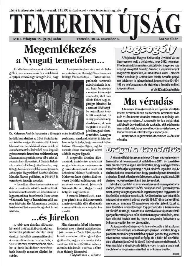 Temerini Újság, 18. évf. 2012. november 8. 45. sz.