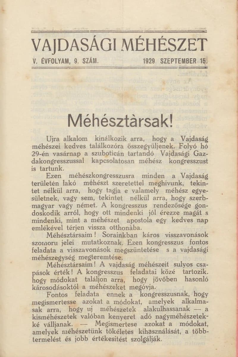 Vajdasági méhészet, 4. évf. 1929. szeptember 15. 9. sz.