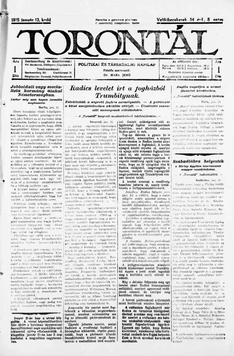 Torontál, 54. évf. 1925. január 13. 8. sz.