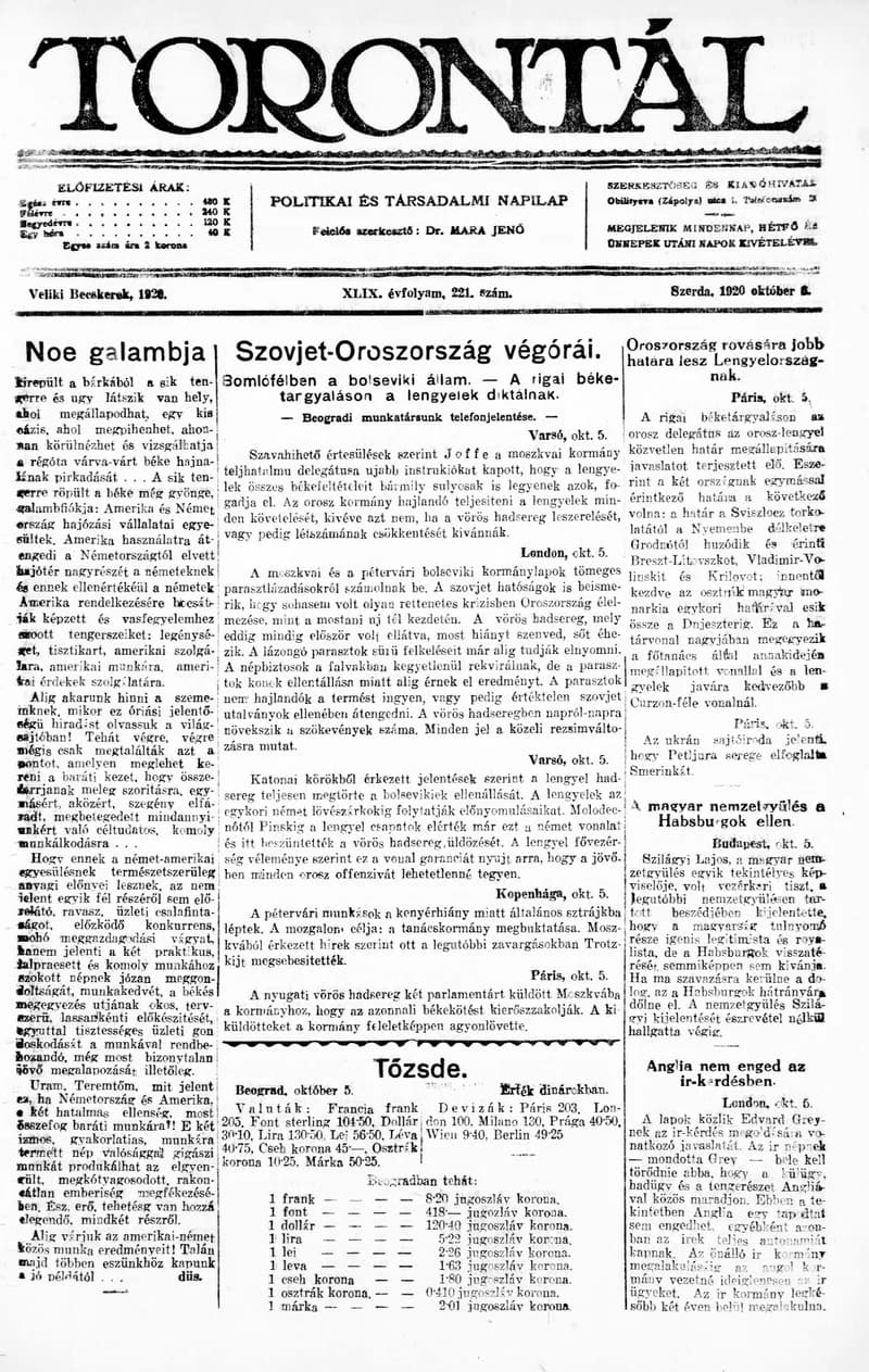 Torontál, 49. évf. 1920. október 6. 221. sz.