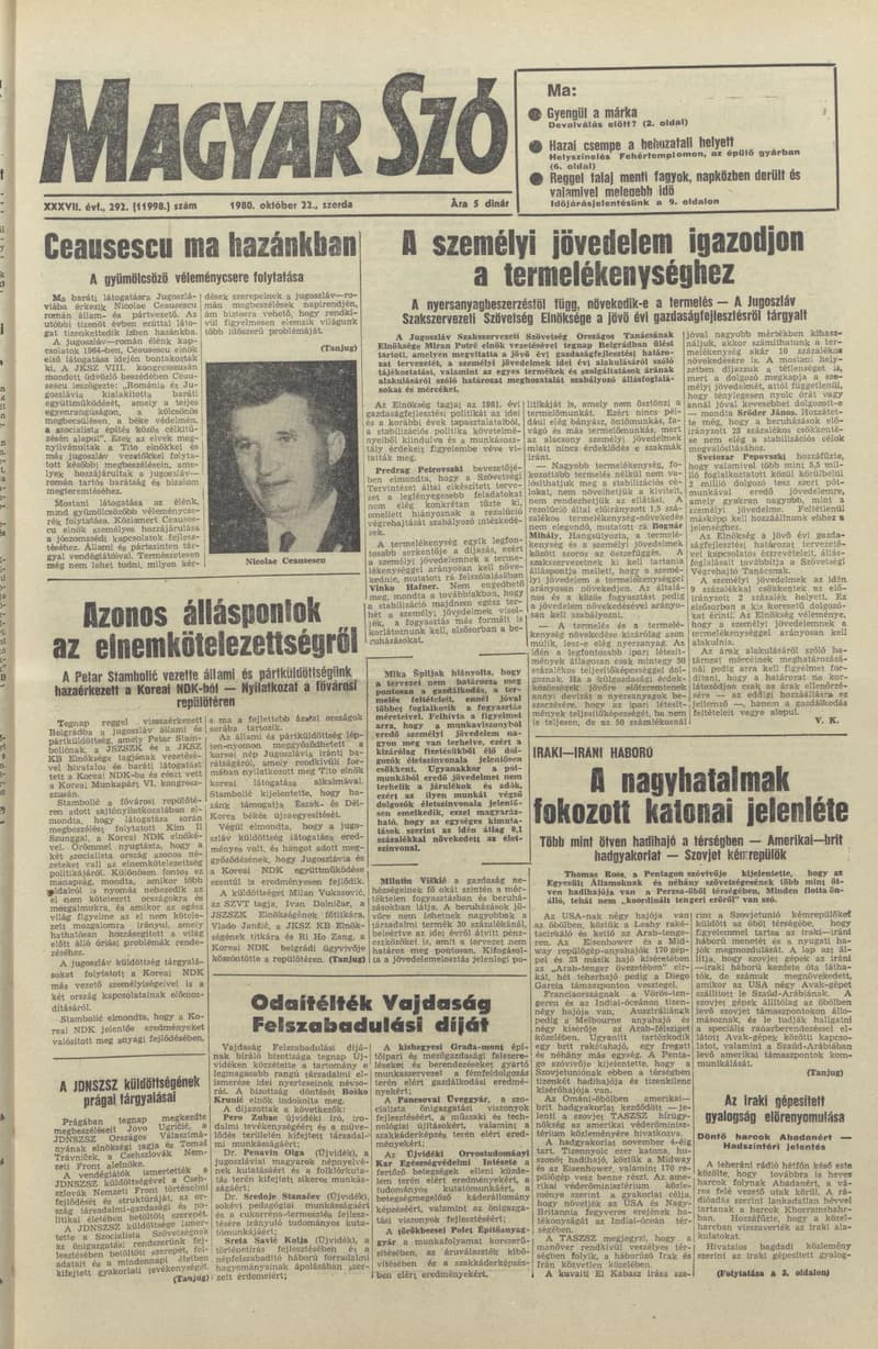Magyar Szó, 37. évf. 1980. október 22. 292. sz. 1–20. oldal