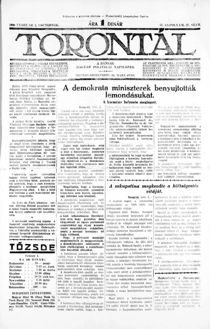Torontál, 57. évf. 1928. február 2. 27. sz.